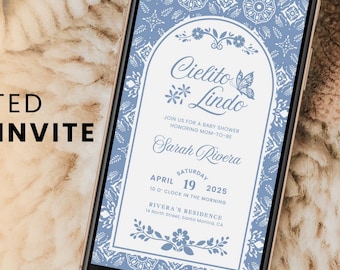 Cielito Lindo Baby Shower Invitation, Dusty Blue Mexican Talavera Baby Shower Animated Invite, Papel Picado Baby Shower Party Video BS020
