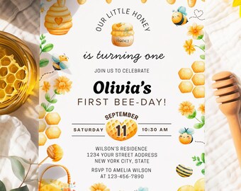 Bumble Bee First Birthday Invitation, Our Little Honey First Bee-Day 1st Birthday Invite, Honey Bee Party, Editable Canva Printable BI015