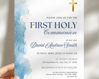 First Holy Communion Invitation Template, Editable Canva, Blue Watercolor, Gold Cross, Catholic Communion Invite, 5x7 Printable FCI004