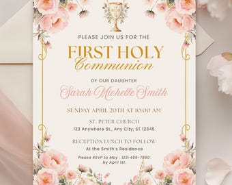 First Holy Communion Invitation Template, Editable Canva, Girl Communion Invite, Floral Pink Gold, Catholic 5x7 Printable FCI003