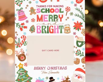 Lehrer Weihnachtsgeschenk Kartenhalter, Schule fröhlich und hell druckbare, bearbeitbare Canva-Vorlage, Urlaub Lehrer Personal Geschenkanhänger XM004