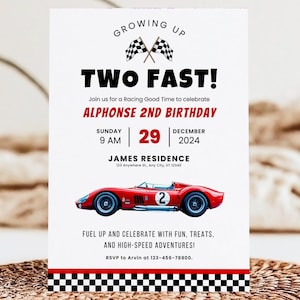Race Car Birthday Invitation, Editable Two Fast Birthday Party Invite, Canva Template, Digital Download