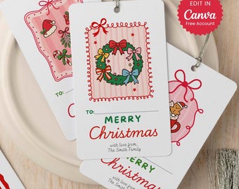 Weihnachtsgeschenkanhänger zum Ausdrucken, 12 niedliche Designs, bearbeitbare Canva-Vorlage