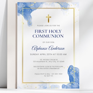 男の子向けブルーの初聖体拝領招待状、モダンでミニマリストな聖体拝領、編集可能なCanvaテンプレートカード FCI007