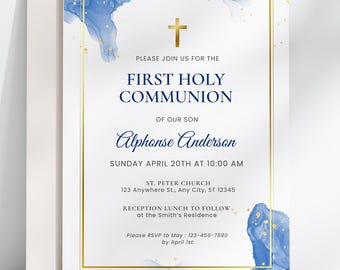 Blue First Communion Invitation for Boys, Modern Minimalist Holy Communion, 1st Communion Invite Editable Canva Template Card FCI007