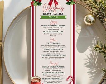 Christmas Menu Template, Red Bow and Stripes Holiday Dinner Sign, Editable Canva, 4x9 Inches