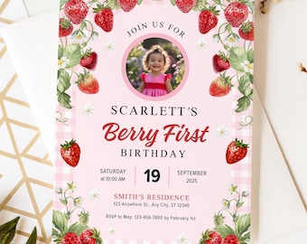 Berry Birthday Invitation, Strawberry First Birthday Invite,  Editable Photo 1st Birthday Girl Invite, Canva Template Digital Download BI016