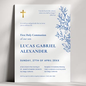 Blue & Gold First Communion Invitation: Modern Minimalist (Editable Canva Template, Printable Digital Download FCI008