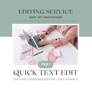 Op de afbeelding: Een afbeelding die een bewerkingsservice promoot. De tekst luidt "EDITING SERVICE" en "EDIT MY INVITATION". Een laptop, bril en roze briefpapier liggen op een wit oppervlak. De tekst "QUICK TEXT EDIT" is ook zichtbaar.