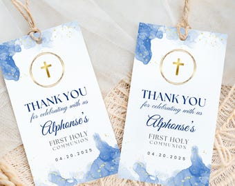 Etiquetas azules para recuerdo de Primera Comunión, Cruz Dorada, Editables en Canva, 5 x 8,9 cm, 12 por página, Etiquetas de agradecimiento imprimibles, Descarga instantánea FCI007