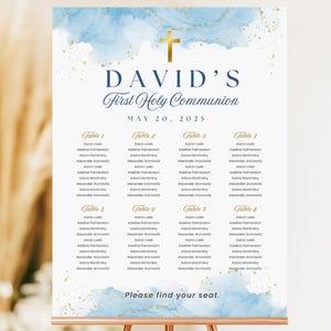 First Communion Seating Chart, Editable Canva Seating Plan Poster, Blue Gold Watercolor, Catholic Reception Sign, 18x24 24x36  FCI004
