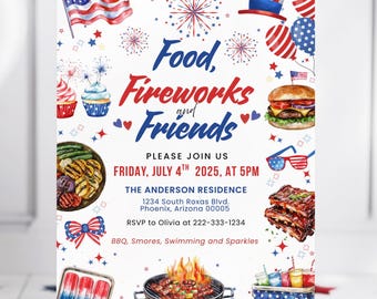 4th of July BBQ Invitation, Editable USA Independence Day Party Invite, Digital Canva Template