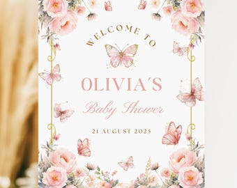 Baby in Bloom Baby Shower Welcome Sign, Pink Floral Butterfly Girl Baby Shower Sign, Elegant Editable Canva Template, Printable Poster BS009