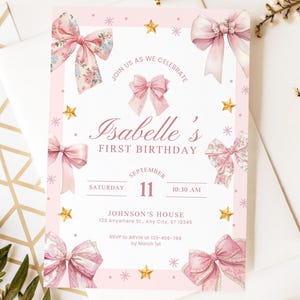 Faire-part d'anniversaire avec noeud rose, invitation à une fête d'anniversaire 1er anniversaire modifiable pour fille, ruban coquette et carte premier anniversaire sur le thème des étoiles Canva BI017