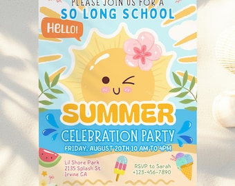 So Long School Summer Party Invitation Template, Editable Canva End of School Year Invite, Printable Kids Summer Party