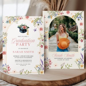 Wildflower Graduation Photo Invitation, Printable Boho Floral Graduate Announcement Photo Card Invite, Editable Canva Template, GI004