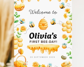 Bumble Bee First Birthday Welcome Sign, Our Little Honey First Bee-Day Sign, Honey Bee 1st Birthday Party Decor, Editable Canva BI015