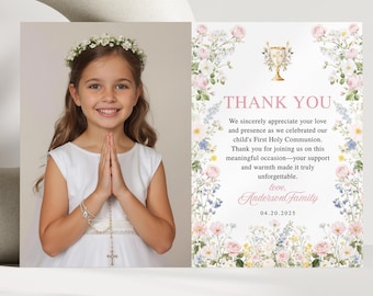 First Communion Thank You Card + Photo Insert, Floral Holy Communion Thank You, Editable Canva Template, Printable 5x7 FCI009