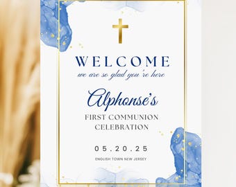 Blue Watercolor First Communion Welcome Sign — Editable in Canva • Printable Poster 18x24, 24x36 • Instant Download, FCI007