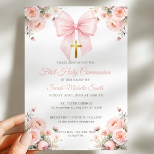 First Holy Communion Invitation Template, Editable Canva, Pink Floral Bow Cross Invite, Girl Communion Party Invitation, 5x7, FCI001