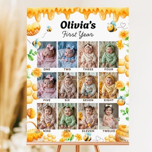 Honey Bee 1st Birthday Photo Milestone Board: Editable Canva Template (Digital Download)