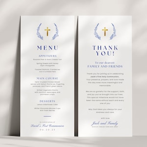First Holy Communion Menu & Thank You Card, Minimalist Blue Cross Reception Sign Set, Tall 4x9 Printable, Editable Canva Template FCI006