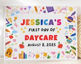 First Day of Daycare Sign: Rainbow School Photo Prop (Editable Canva Template, Digital Download)