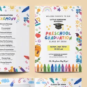 Editable preschool graduation program Canva template featuring new page layouts, ceremony schedule, prayer page, cover, class photo, graduates page, helper booklet template, and beginner guide.