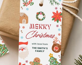 Druckbare Weihnachtsgeschenkanhänger, bearbeitbare Weihnachtsmann-Lebkuchen-Favortags, frohe Weihnachten-Dankeschön-Etiketten, Feiertagsbehandelt-Tag-Vorlage XM004