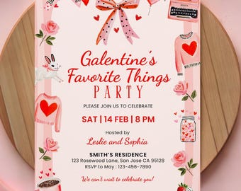 Galentine’s Favorite Things Party Invitation, Editable Canva Template, Girls Night Gift Exchange Invite, Pink Whimsical Valentine Evite