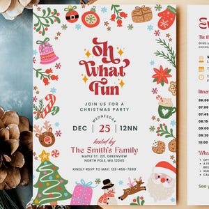 Oh What Fun Christmas party invitation, editable Canva template, 5×7 with festive icons