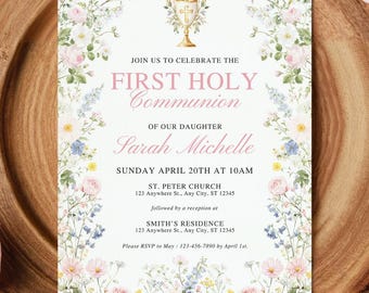 First Holy Communion Invitation Template, Girls Floral Catholic Invite, Wildflower Printable 5x7, Canva Editable, Instant Download FCI009