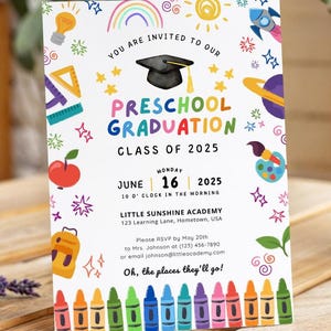 Kindergarten Graduation Invitation, Pre-K Grad Announcement Card Editable Preschool Graduate Invite, Class of 2026 PreK Ceremony Evite GI009