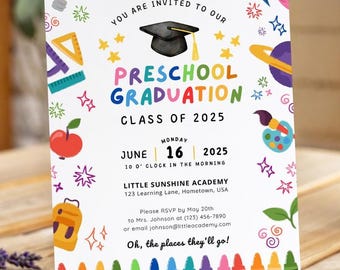 Kindergarten Graduation Invitation, Pre-K Grad Announcement Card Editable Preschool Graduate Invite, Class of 2026 PreK Ceremony Evite GI009