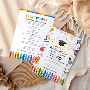May include: Two colourful Pre-K graduation announcements. One has event details with crayon illustrations. The other says "Pre-K Graduation Class of 2026" with a mortarboard, rocket, and rainbow graphics. The announcements are on a textured surface.