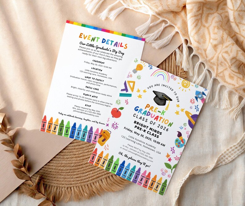 May include: Two colourful Pre-K graduation announcements. One has event details with crayon illustrations. The other says "Pre-K Graduation Class of 2026" with a mortarboard, rocket, and rainbow graphics. The announcements are on a textured surface.