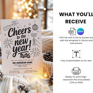 May include: A New Year's invitation with the text "Cheers to the new year! 2026" in a handwritten style. The invitation includes event details and is decorated with festive illustrations of fireworks, champagne, and a disco ball.