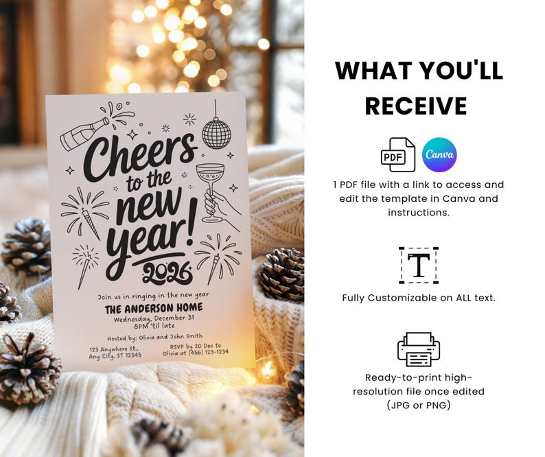 May include: A New Year's invitation with the text "Cheers to the new year! 2026" in a handwritten style. The invitation includes event details and is decorated with festive illustrations of fireworks, champagne, and a disco ball.
