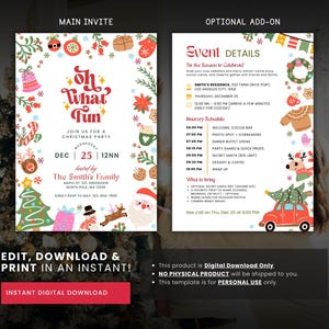 K&ouml;nnte beinhalten: Eine digitale Weihnachtsparty-Einladung mit festlichem Design. Die Einladung enth&auml;lt den Text "Oh What Fun" sowie Veranstaltungsdetails, einen Zeitplan und eine Liste der mitzubringenden Dinge. Das Design umfasst weihnachtliche Illustrationen.