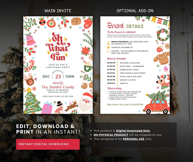 K&ouml;nnte beinhalten: Eine digitale Weihnachtsparty-Einladung mit festlichem Design. Die Einladung enth&auml;lt den Text "Oh What Fun" sowie Veranstaltungsdetails, einen Zeitplan und eine Liste der mitzubringenden Dinge. Das Design umfasst weihnachtliche Illustrationen.