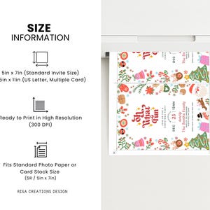 K&ouml;nnte beinhalten: Eine gedruckte Weihnachtsparty-Einladung mit festlichen Illustrationen und dem Text "Oh What Fun". Die Einladung ist 12,7 cm x 17,8 cm gro&szlig;, druckfertig in hoher Aufl&ouml;sung und passt auf Standard-Fotopapier.