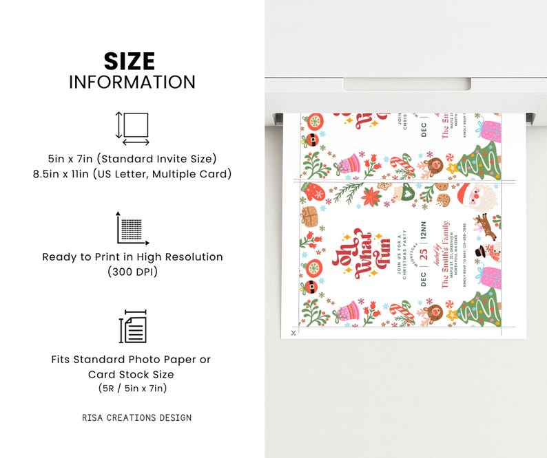 K&ouml;nnte beinhalten: Eine gedruckte Weihnachtsparty-Einladung mit festlichen Illustrationen und dem Text "Oh What Fun". Die Einladung ist 12,7 cm x 17,8 cm gro&szlig;, druckfertig in hoher Aufl&ouml;sung und passt auf Standard-Fotopapier.