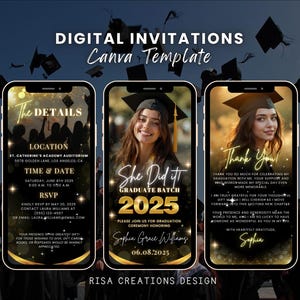Black Gold Graduation Invitation: Photo Evite Canva Template (Digital Download)