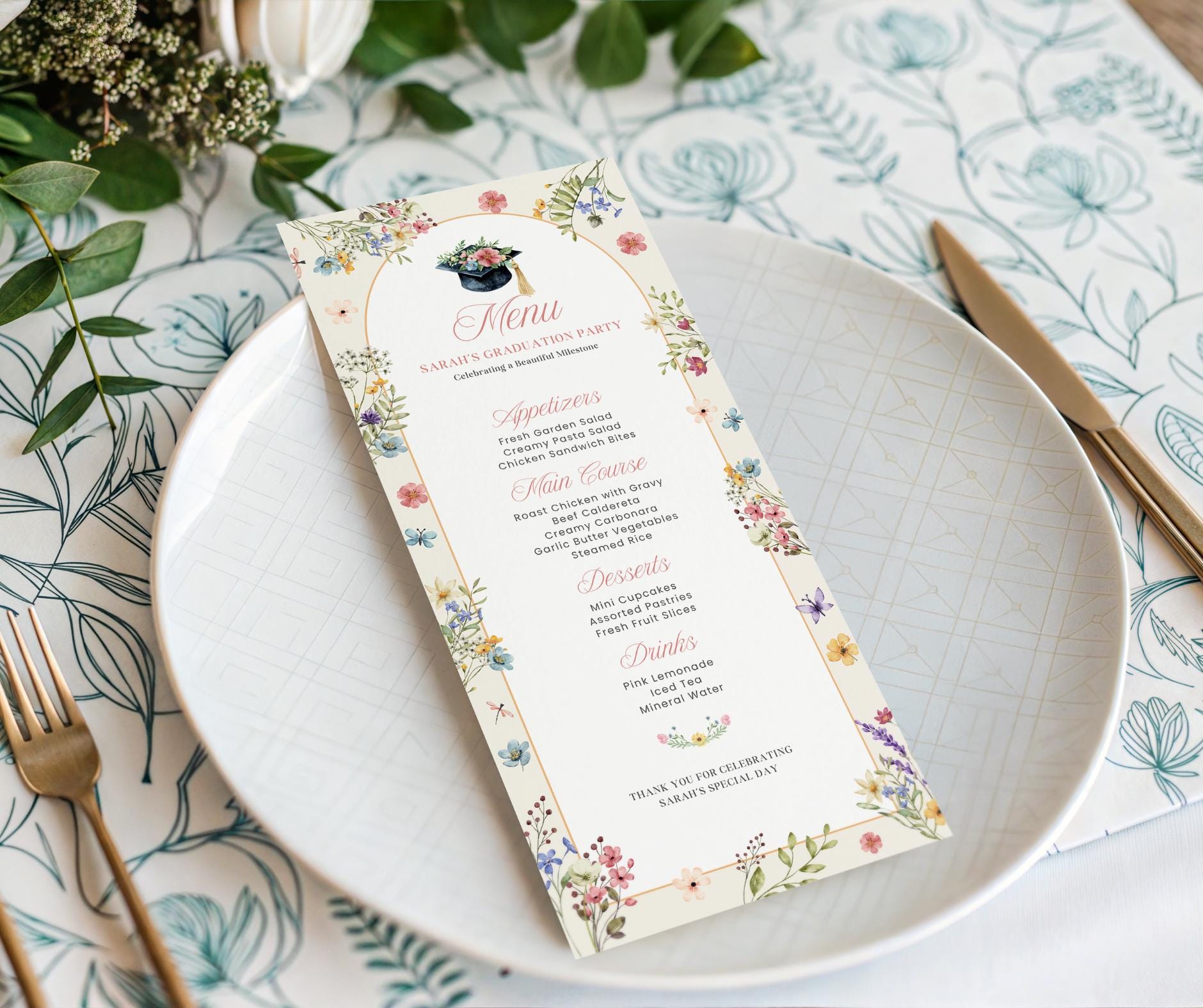 Wildflower Graduation Menu Card Template, Editable Canva Floral Grad ...