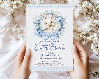 Plantilla de invitación para brunch de Pascua, invitación digital para búsqueda de huevos de Pascua, invitaciones editables para fiestas de Pascua, elegante invitación de conejito de Pascua.