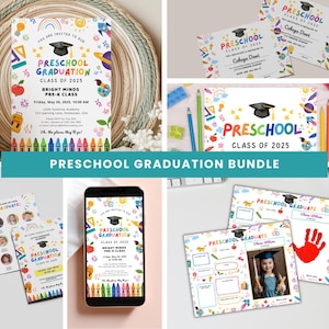 以下が含まれることがあります： 幼稚園の卒業式用バンドルで、招待状、証明書、アクティビティシートが含まれています。デザインには、クレヨン、星、卒業帽子のカラフルなイラストが含まれています。テキストは「幼稚園卒業2025年クラス」と書かれています。