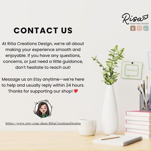 May include: A white vase with green leaves, a stack of books, and a notepad with a pencil are on a wooden surface. The image includes the text "CONTACT US" and the Etsy shop name "RiSa Creations Design".