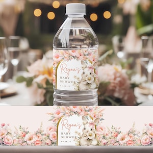 Some Bunny Baby Shower Water Bottle Label, Editable Pink Bunny Template, Spring Baby Girl Shower Floral Coquette Bow Instant Download