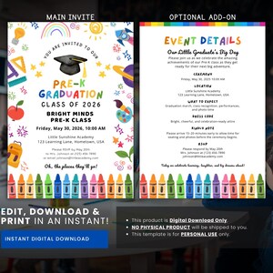 May include: A vibrant Pre-K graduation invitation featuring the text "Pre-K Graduation Class of 2026". The design incorporates a graduation cap, crayons, and school-related illustrations. The invitation also includes event details.