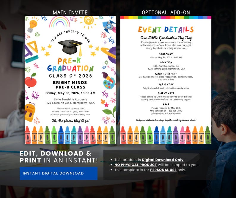 May include: A vibrant Pre-K graduation invitation featuring the text "Pre-K Graduation Class of 2026". The design incorporates a graduation cap, crayons, and school-related illustrations. The invitation also includes event details.